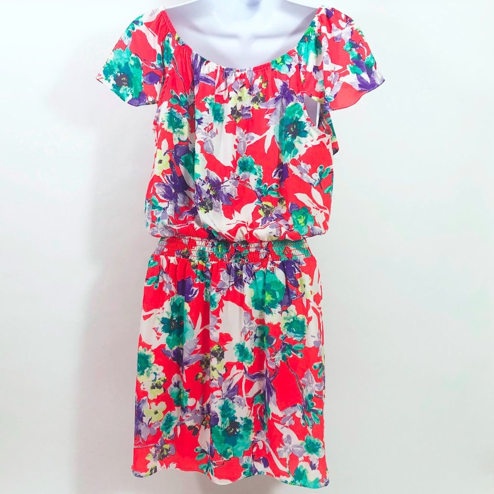 Love...Ady Women's Floral Off the Shoulder Ruffle Sleeves Blouson Mini Dress SML - Picture 2 of 7